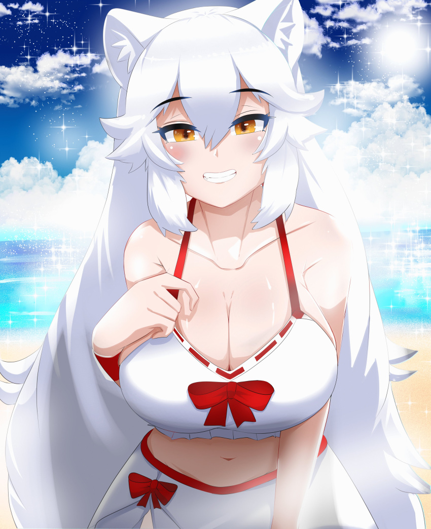 absurdres animal_ears beach blue_sky blush breasts cleavage extra_ears female fox_ears fox_girl fox_tail highres kemono_friends kemono_friends_3 large_breasts long_hair looking_at_viewer nanoder ocean official_alternate_costume oinari-sama_(kemono_friends) sarong sky smile solo tail very_long_hair white_hair white_sarong yellow_eyes