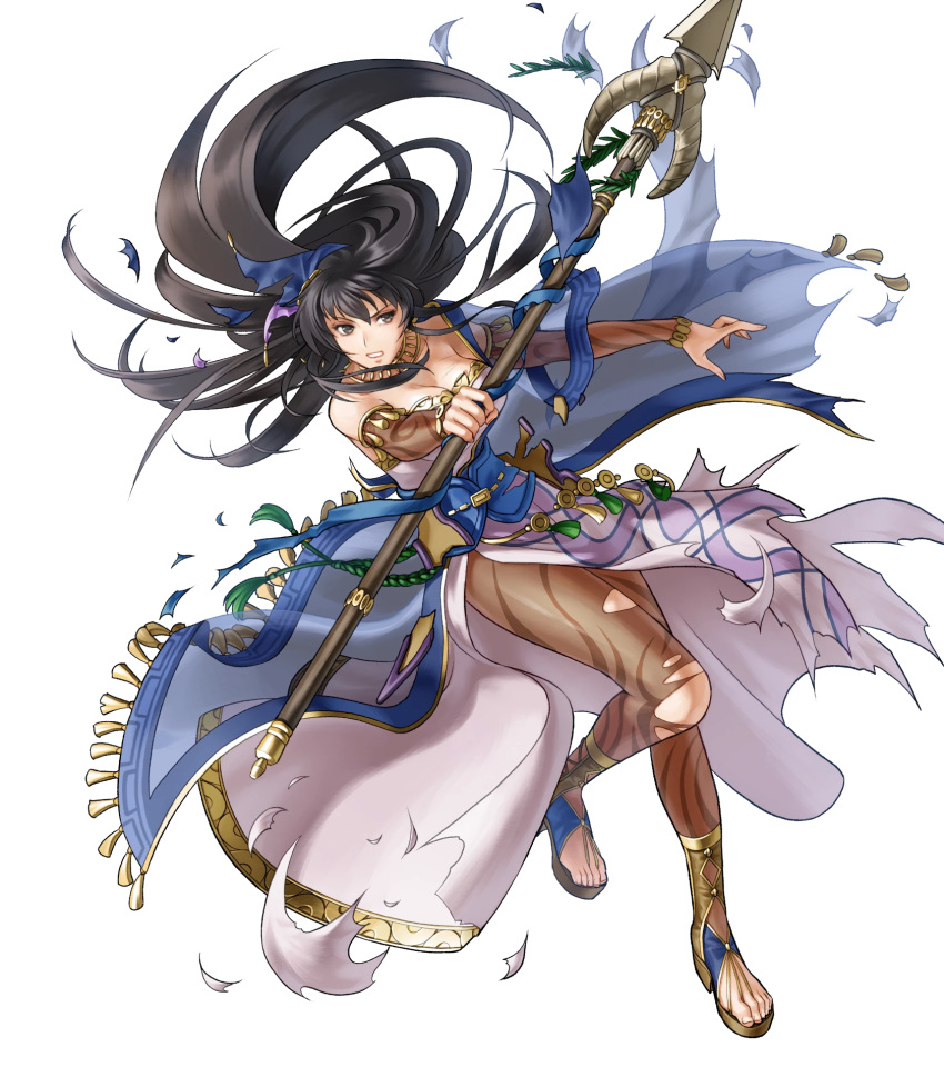 bare_shoulders black_eyes black_hair breasts dress female fire_emblem fire_emblem:_the_blazing_blade fire_emblem_heroes full_body gold_trim hair_ornament highres holding holding_weapon karla_(fire_emblem) karla_(hatari)_(fire_emblem) kita_senri leg_up loincloth long_hair looking_away medium_breasts non-web_source official_art pantyhose parted_lips polearm see-through short_sleeves spear strapless strapless_dress toeless_footwear toes torn_clothes transparent_background weapon wide_sleeves