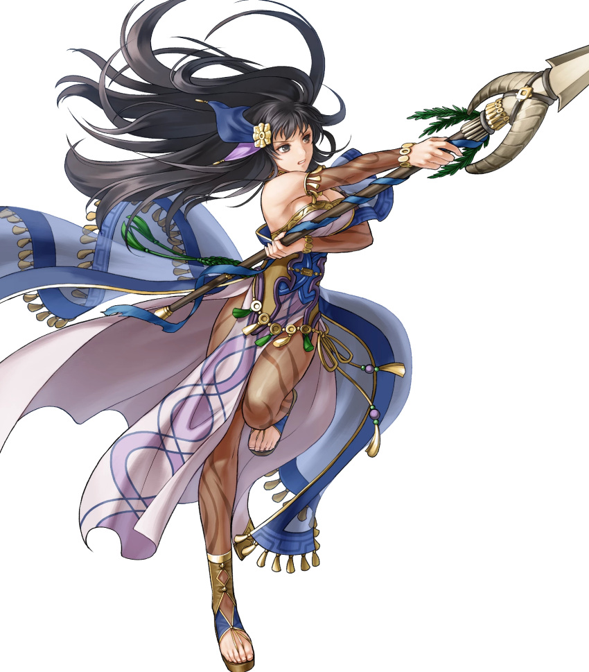 bare_shoulders black_eyes black_hair breasts dress female fire_emblem fire_emblem:_the_blazing_blade fire_emblem_heroes full_body gold_trim hair_ornament highres holding holding_weapon karla_(fire_emblem) karla_(hatari)_(fire_emblem) kita_senri leg_up loincloth long_hair looking_away medium_breasts non-web_source official_art pantyhose parted_lips polearm short_sleeves solo spear strapless strapless_dress toeless_footwear toes transparent_background weapon wide_sleeves