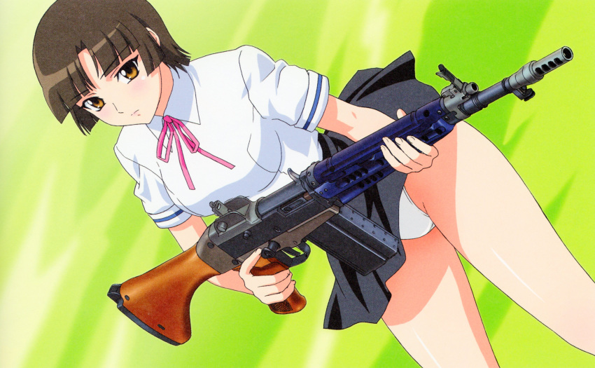 absurdres artbook battle_rifle black_skirt blush brown_eyes brown_hair cameltoe closed_mouth collared_shirt dutch_angle female gun highres holding holding_gun holding_weapon honoo_no_labyrinth howa_type_64 kasumi_(honoo_no_labyrinth) neck_ribbon official_art panties pantyshot parted_bangs pink_ribbon ribbon rifle shirt short_hair short_sleeves simple_background skirt solo standing thighs underwear uniform weapon white_panties white_shirt wind wind_lift yamauchi_noriyasu