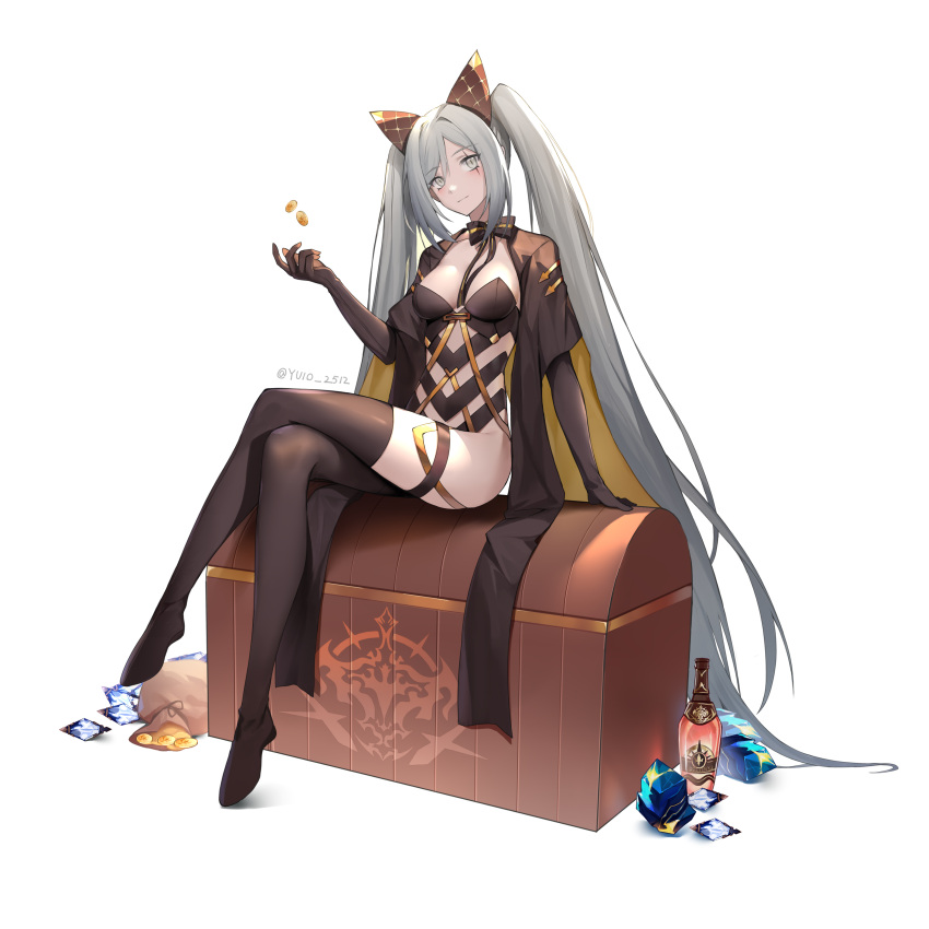 2r-_(pixiv8168114) absurdres alchemy_stars asymmetrical_clothes black_gloves boots bottle breasts cape closed_mouth coin crossed_legs elbow_gloves female gem gloves grey_eyes grey_hair highres long_hair looking_at_viewer pouch scar scar_across_eye sidelocks simple_background single_pantsleg single_thigh_boot sitting slit_pupils small_breasts smile smokey_(alchemy_stars) smokey_(imprisonment_of_greed)_(alchemy_stars) solo thigh_boots treasure_chest twintails twitter_username very_long_hair white_background wine_bottle