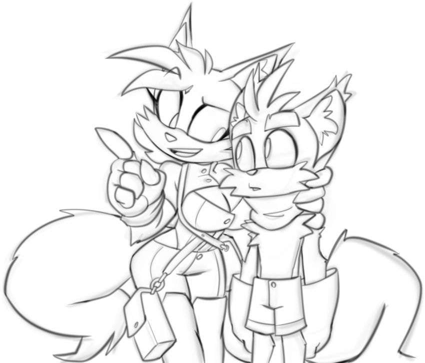 anthro archie_comics arm_on_shoulder bigdad breasts canid canine cleavage clothed clothing duo female fingerless_gloves fiona_fox fox gloves handwear male mammal monochrome sega sonic_the_hedgehog_(archie) sonic_the_hedgehog_(comics) sonic_the_hedgehog_(series) tails