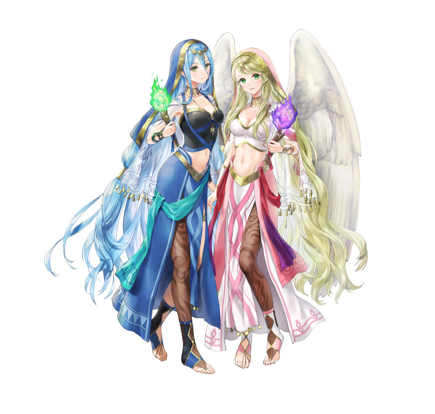 2girls absurdres azura_(fire_emblem) azura_(hatari)_(fire_emblem) blonde_hair blue_eyes blush breasts capelet cleavage closed_mouth collarbone commentary_request crop_top detached_collar dress feathered_wings fire fire_emblem fire_emblem:_radiant_dawn fire_emblem_fates fire_emblem_heroes full_body gold_trim green_eyes habit highres holding jewelry kaya8 leanne_(fire_emblem) leanne_(hatari)_(fire_emblem) long_hair looking_at_viewer medium_breasts midriff multiple_girls navel necklace nun official_art pantyhose parted_lips see-through simple_background smile standing stomach toes torch very_long_hair white_background wings yellow_eyes