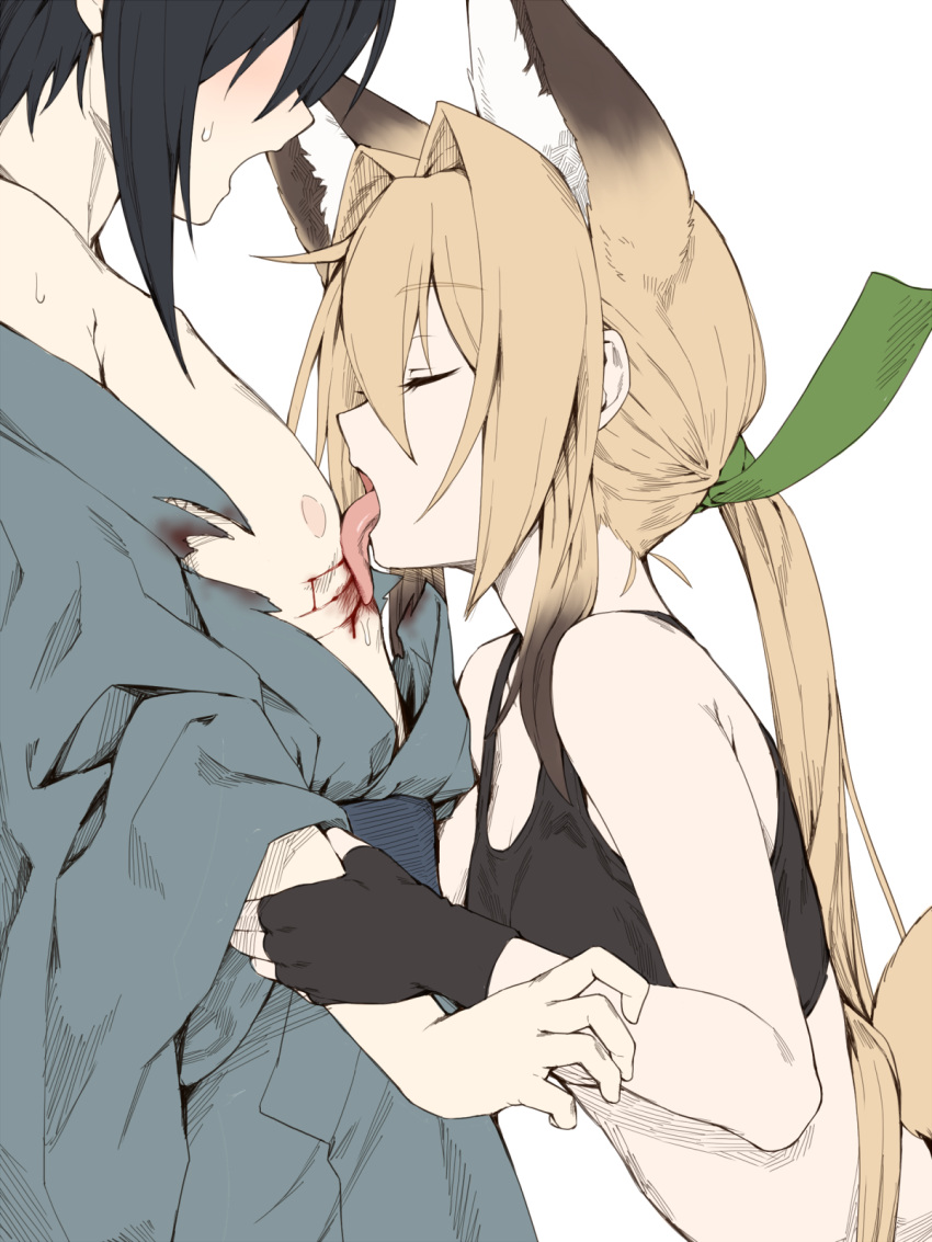 1boy androgynous animal_ears aroused asugano_subaru black_hair black_sports_bra blonde_hair blood blush closed_eyes commentary_request female fox_ears fox_girl fox_tail green_ribbons grey_kimono hair_ribbon hand_on_another's_arm haori hatching_(texture) highres holding_own_arm injury japanese_clothes kimono licking licking_blood licking_injury long_hair nipples original ponytail ribbon sports_bra sweat tail tamakagura_inari yagi_(ningen)