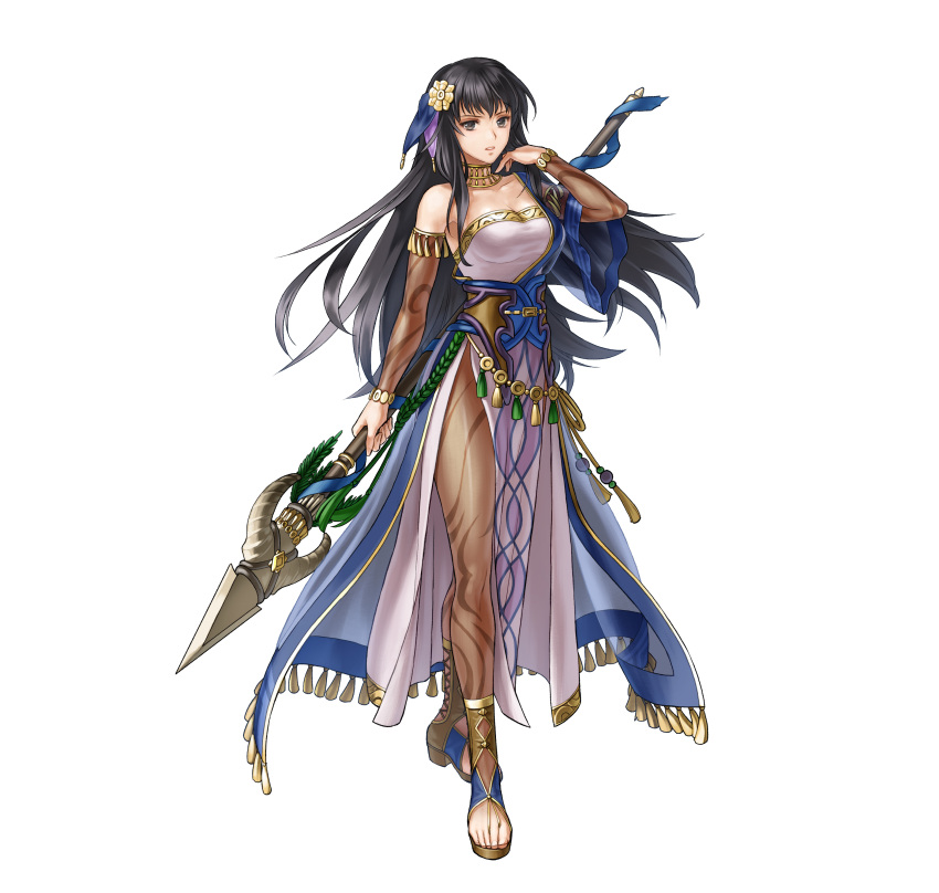 absurdres bare_shoulders black_eyes black_hair breasts cleavage collarbone commentary_request dress female fire_emblem fire_emblem:_the_blazing_blade fire_emblem_heroes full_body gold_trim hair_ornament hand_up highres holding holding_weapon karla_(fire_emblem) karla_(hatari)_(fire_emblem) kita_senri loincloth long_hair medium_breasts official_art pantyhose parted_lips polearm shiny_clothes short_sleeves side_slit simple_background solo spear strapless strapless_dress toeless_footwear toes weapon white_background wide_sleeves