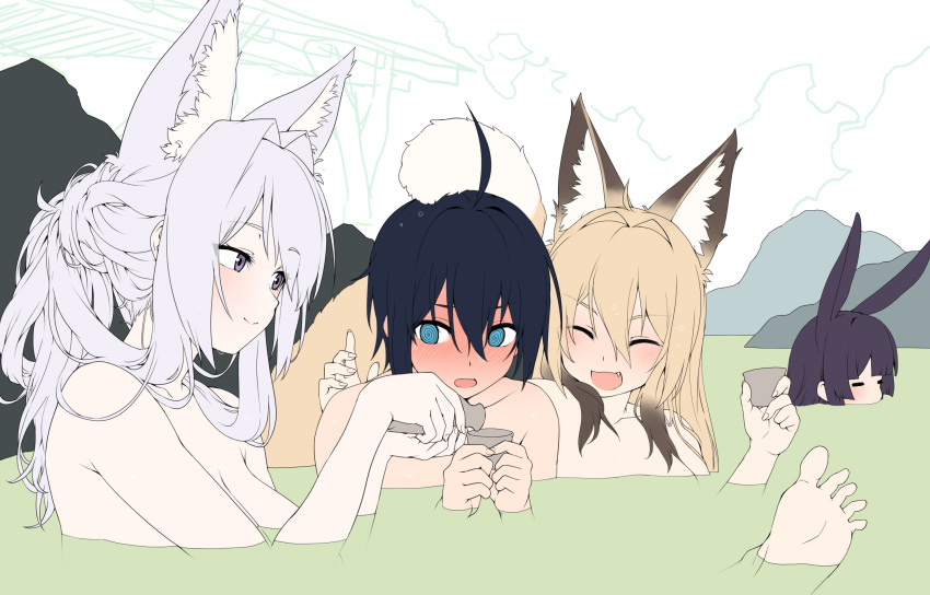 1boy 3girls :d =_= @_@ ahoge androgynous animal_ears asugano_subaru asymmetrical_hair bathing black_hair blonde_hair blue_eyes blush bottle brown_hair commentary_request cup extra_ears feet fox_ears fox_girl fox_tail grin highres holding holding_cup hug large_tail looking_at_another mixed-sex_bathing multicolored_hair multiple_girls nude oerba_yun_fang one-armed_hug onsen open_mouth original pale_skin pink_eyes pouring sakazuki sake_bottle shared_bathing smile tail tamakagura_inari tamamo_(yagi) toes tsukune_(yagi) two-tone_hair wavy_mouth yagi_(ningen)