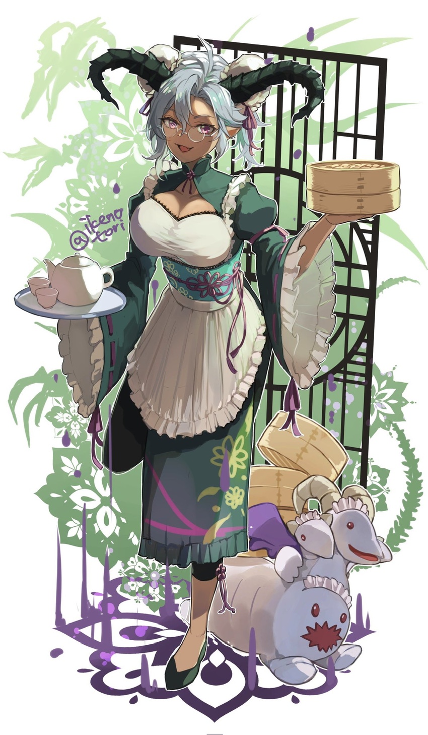 alternate_hair_length alternate_hairstyle apron asymmetrical_bangs bamboo_steamer black_footwear breasts bun_cover chinese_clothes cleavage cleavage_cutout clothing_cutout cup dark-skinned_female dark_skin draph dress fediel_(granblue_fantasy) female flats glasses granblue_fantasy green_dress grey_hair highres holding holding_tray horns ikenotori large_breasts leggings long_sleeves looking_at_viewer maid_apron oerba_yun_fang open_mouth purple_eyes ribbon-trimmed_sleeves ribbon_trim round_eyewear short_hair skin_fang solo standing standing_on_one_leg stuffed_toy teapot tray twitter_username white_background wide_sleeves