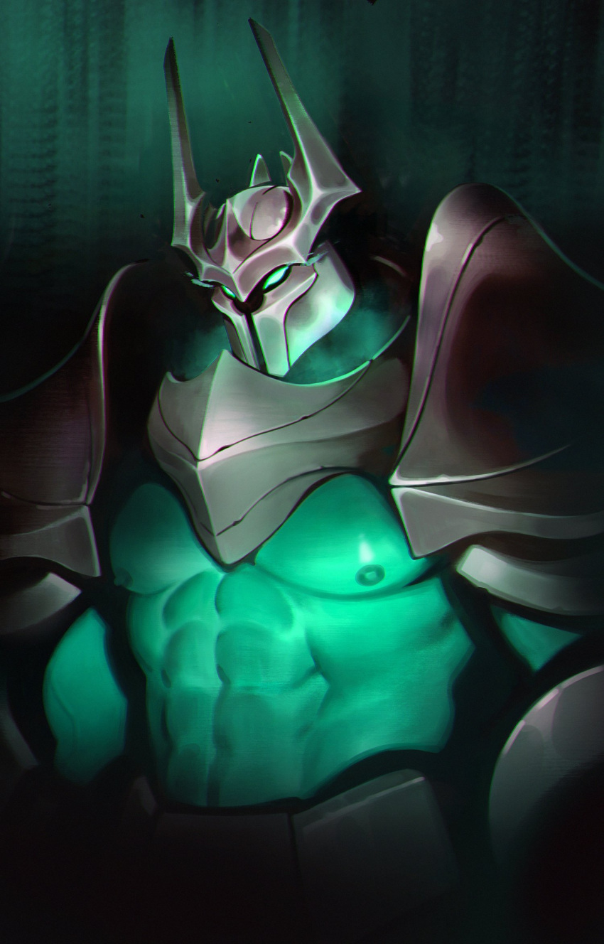 2023 abs armor colored green_body green_eyes green_nipples green_skin headgear helmet hi_res horn horned_helmet humanoid league_of_legends male moodraw mordekaiser_(lol) muscular muscular_humanoid muscular_male nipples pecs riot_games solo tencent unconvincing_armor undead