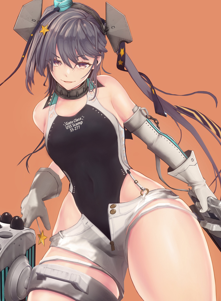 3d absurdres aqua_hat black_one-piece_swimsuit blush brown_background brown_eyes candy competition_swimsuit cropped_legs custom_maid_3d female ffkw food garrison_cap gloves grey_hair hair_between_eyes hair_ornament hat headgear highleg highleg_swimsuit highres holding holding_candy holding_food kantai_collection long_hair one-piece_swimsuit rigging scamp_(kancolle) short_shorts shorts side_ponytail simple_background smile solo star_(symbol) star_hair_ornament swimsuit tongue tongue_out white_gloves white_shorts