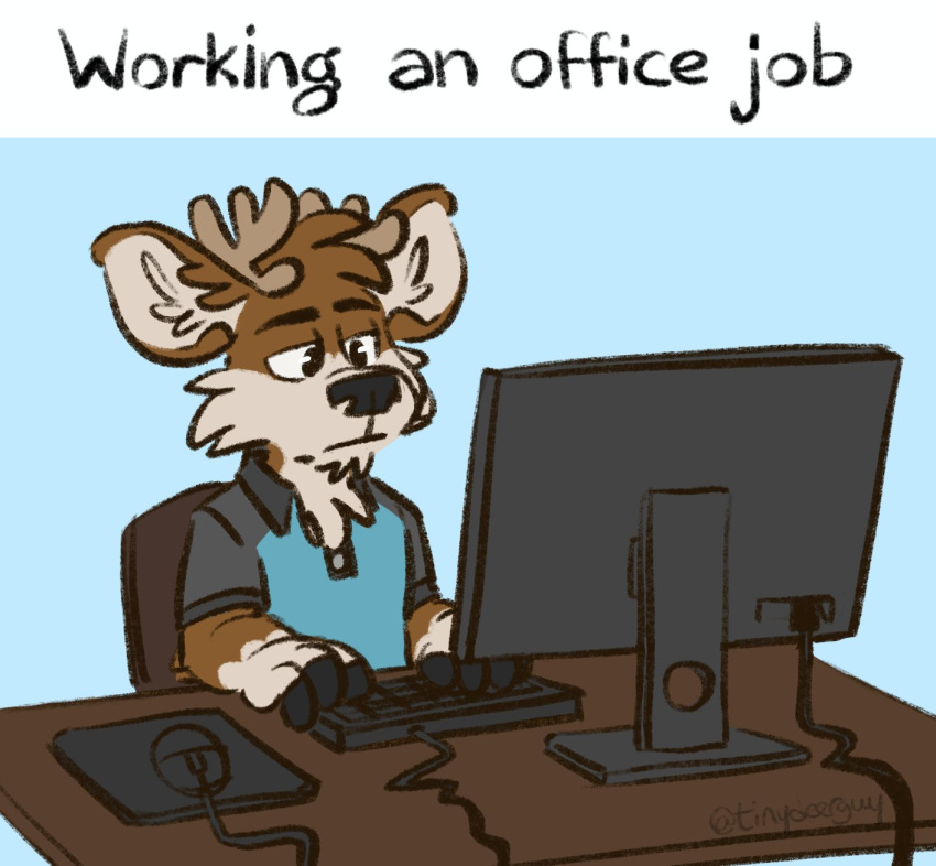 anthro black_clothing black_shirt black_topwear blue_background blue_clothing blue_shirt blue_topwear clothing computer computer_monitor computer_mouse darwin_(tinydeerguy) deer electronics english_text hi_res keyboard male mammal mousepad polo_shirt shirt simple_background solo text tinydeerguy topwear