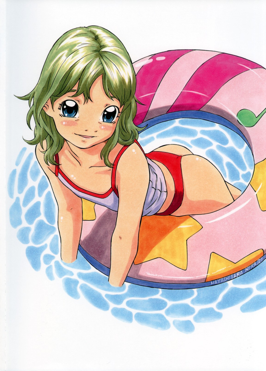 ass bikini blue_eyes copyright_request female green_hair hayashibara_hikari highres innertube solo swim_ring swimsuit tankini water