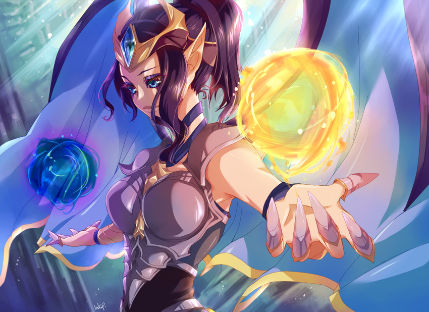 alternate_costume alternate_hairstyle armor artist_name black_hair blue_eyes boobplate breastplate choker circlet commentary english_commentary female kakip league_of_legends magic morgana_(league_of_legends) outstretched_arms pointy_ears ponytail short_hair spread_arms victorious_morgana wings