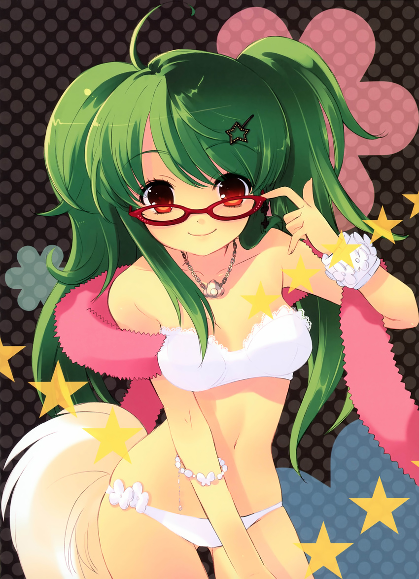 absurdres bikini bracelet female glasses green_hair hair_ornament highres inukami! ito_noizi jewelry necklace photoshop_(medium) polka_dot red_eyes solo star_(symbol) swimsuit tail white_bikini youko_(inukami)