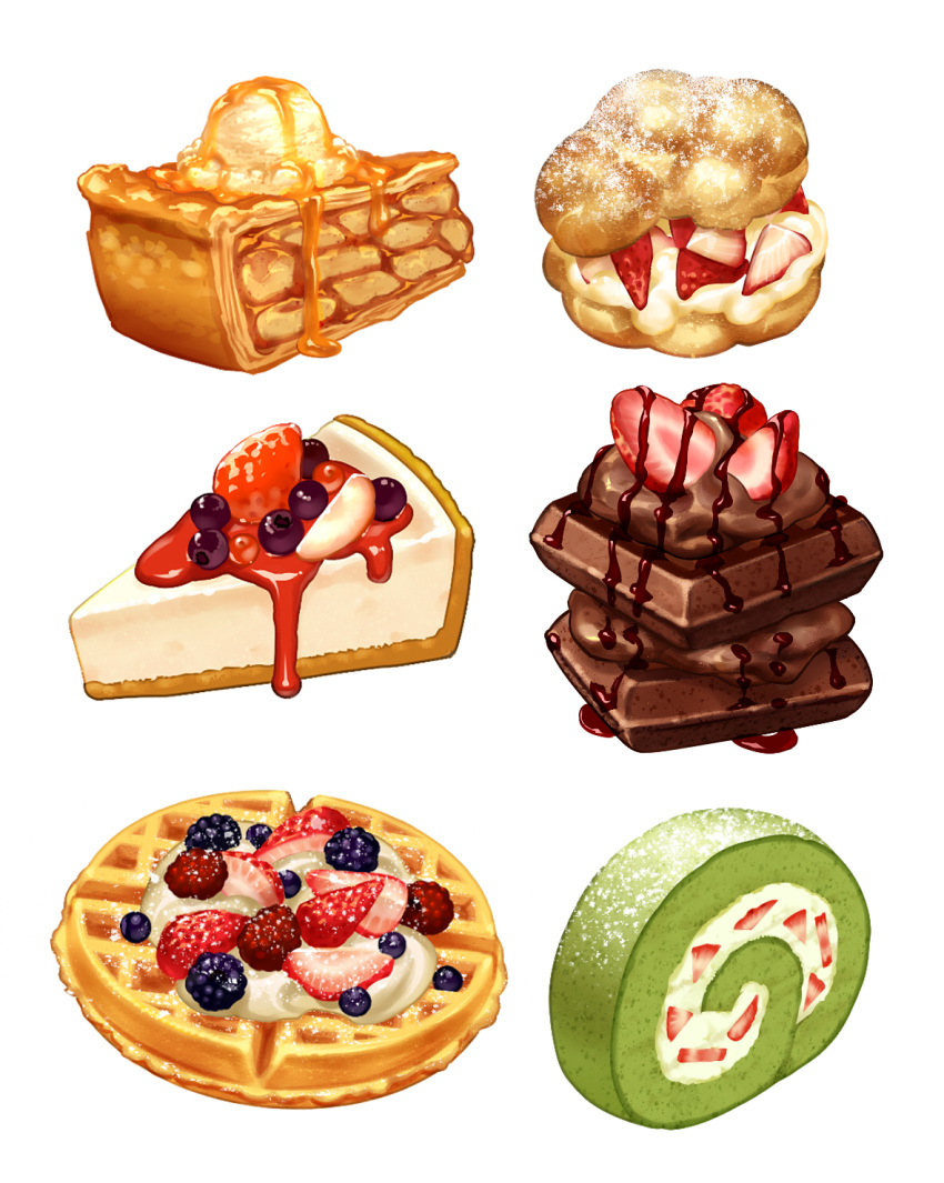 apple_pie blackberry_(fruit) blueberry brownie_(food) cake caramel cheesecake chocolate chocolate_syrup commentary cream_puff dessert food food_focus fruit highres honey ice_cream matcha_(food) no_humans original pie powdered_sugar rare_cheesecake simple_background still_life strawberry strawberry_syrup swiss_roll tokie_(tokie-mizu) waffle whipped_cream white_background