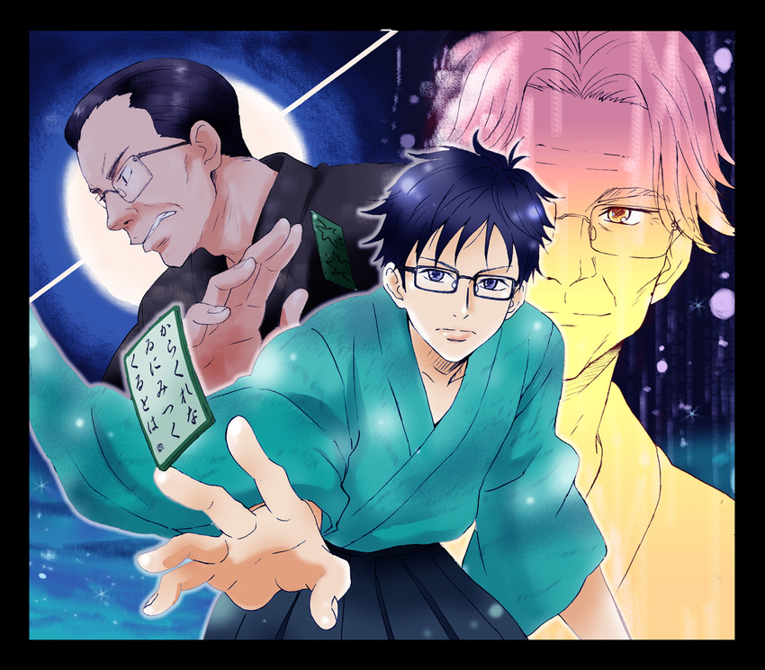 3boys black-framed_eyewear black_hair blue_eyes chihayafuru commentary_request glasses harada_hideo highres japanese_clothes karuta_(card_game) kuja_(freeman) male_focus multiple_boys parted_lips serious uta-garuta wataya_arata wataya_hajime