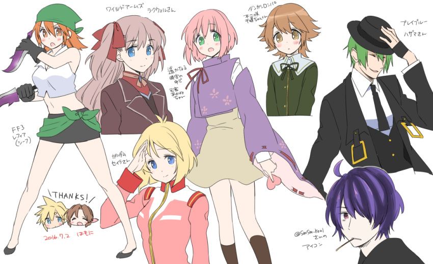 aerith_gainsborough blazblue blonde_hair blue_eyes borrowed_character breasts closed_mouth cloud_strife danganronpa:_trigger_happy_havoc danganronpa_(series) final_fantasy final_fantasy_iii final_fantasy_vii fujisaki_chihiro gundam harukanaru_toki_no_naka_de_1 hazama knife krudears long_hair looking_at_viewer medium_hair mobile_suit_gundam motomiya_akane multiple_boys multiple_girls open_mouth original otoko_no_ko raquel_applegate refia sayla_mass short_hair simple_background skirt smile weapon white_background wild_arms wild_arms_4