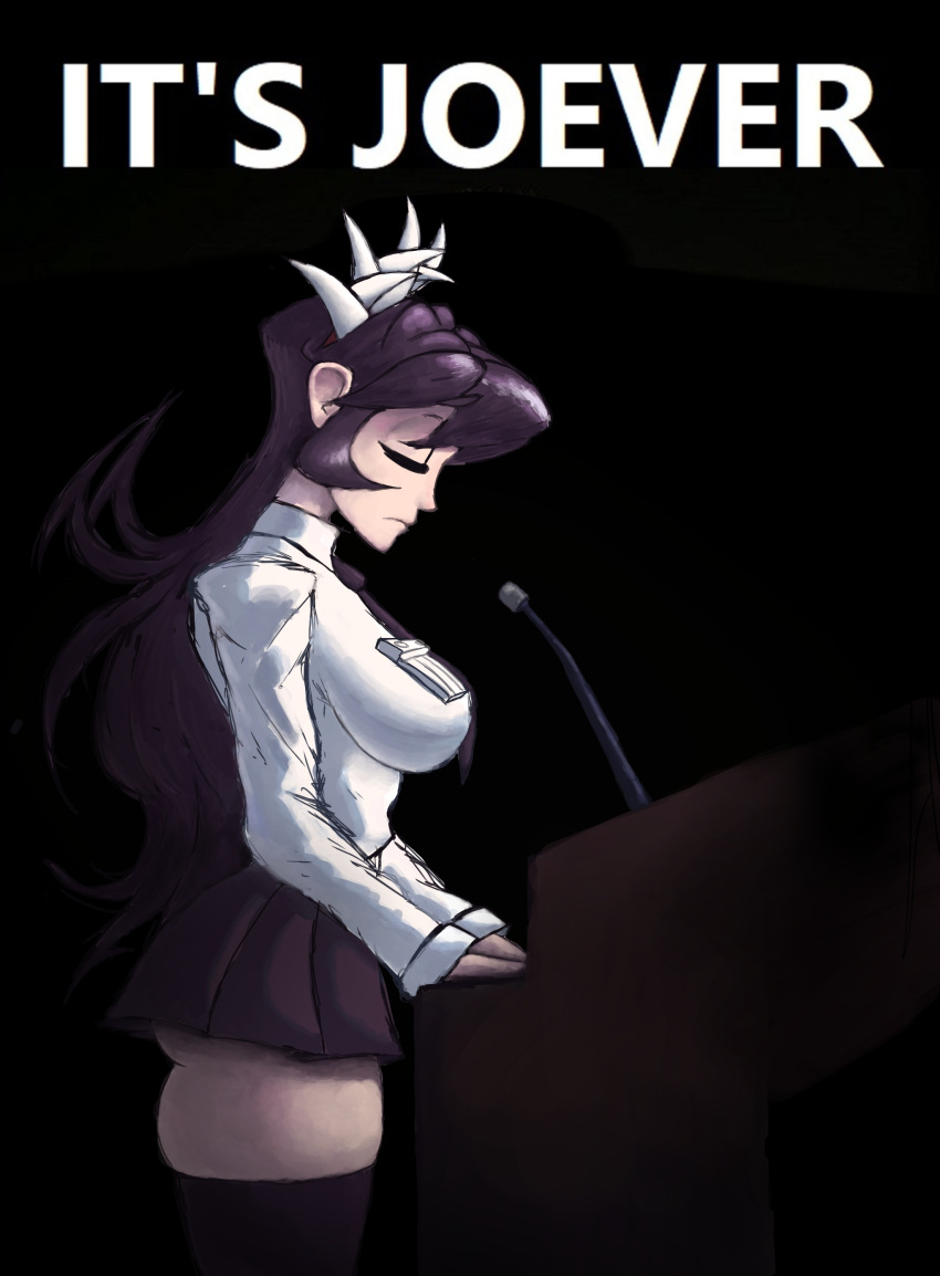 absurdres black_background black_hair breasts closed_eyes commentary english_commentary female filia_(skullgirls) from_side highres it's_joever_(meme) juggryph lectern long_sleeves meme microphone pleated_skirt samson_(skullgirls) shirt skirt skullgirls solo thick_thighs thighhighs thighs white_shirt