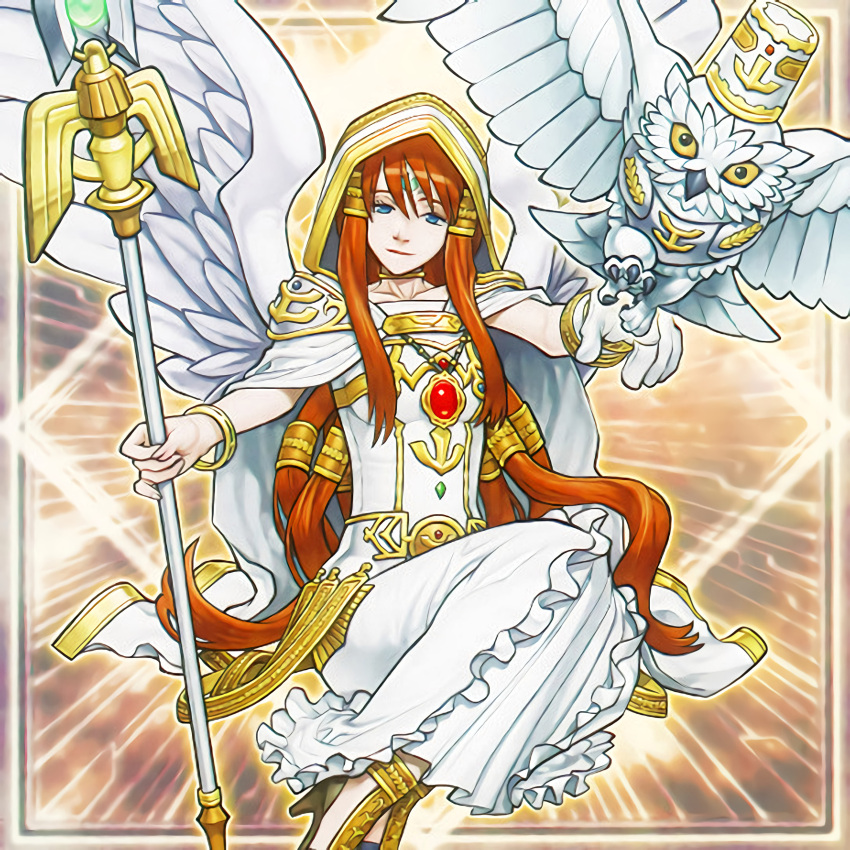 absurdres bird copyright_request dress female highres minerva_the_exalted_lightsworn official_art owl self-upload solo white_dress yu-gi-oh! zigolus