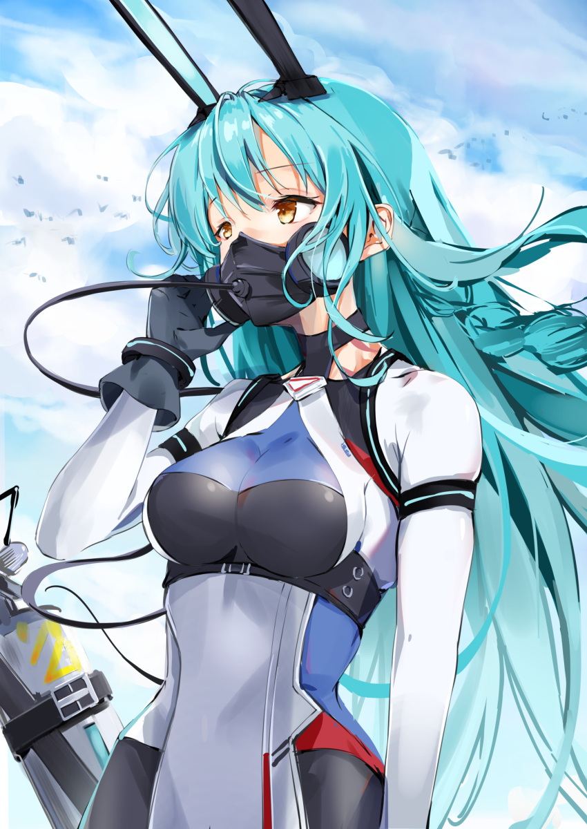 absurdres animal_ears azur_lane bird black_gloves blue_hair bodystocking boise_(azur_lane) breasts cloud cloudy_sky cowboy_shot day dress female gloves hair_between_eyes highres light_blue_hair long_sleeves looking_away mechanical_ears medium_breasts mugi_no_hikyaku outdoors oxygen_mask oxygen_tank rabbit_ears scuba_tank seagull sky solo yellow_eyes