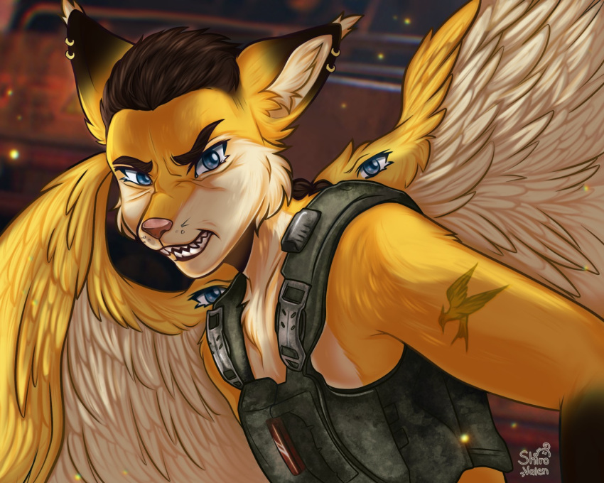 2023 5:4 aggressive angel angry anthro arm_tattoo artist_name blue_eyes braided_hair brown_hair bulletproof_vest camo camo_clothing camo_print camo_topwear camo_vest canid canine clenched_teeth clothing death_stare ear_piercing ear_ring ear_tuft eyebrows eyes_on_wings fangs feathered_wings feathers fighting_pose flexible fox frown fur fur_tuft furgonomics glare glistening glistening_eyes gold_(metal) gold_jewelry growling hair half-length_portrait hi_res hybrid industrial_background inner_ear_fluff intimidation james_cameron's_avatar jewelry light looking_at_viewer looking_back looking_back_at_viewer male mammal military_clothing movie_reference multicolored_body multicolored_fur multiple_ear_ring okari pattern_clothing pattern_topwear pattern_vest piercing portrait pose rage_face raised_eyebrow rattail_(hairstyle) ring_piercing scowl scrunchy_face shadow shirovalen signature snarling solo sparks spread_wings tattoo teeth the_hunger_games thick_eyebrows topwear tuft two_tone_body two_tone_face two_tone_fur two_tone_wings vest whisker_spots white_body white_feathers white_fur white_inner_ear_fluff white_wings wings yellow_body yellow_feathers yellow_fur yellow_wings