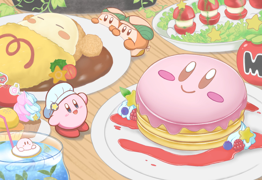 absurdres apron blue_eyes blueberry blush_stickers caprese_salad chef_hat cupcake curry curry_rice drink drinking_straw food fruit green_tea_ruru hat highres icing kirby kirby_(series) kirby_cafe looking_at_viewer maxim_tomato no_humans pancake raspberry rice smile star_(symbol) waddle_dee