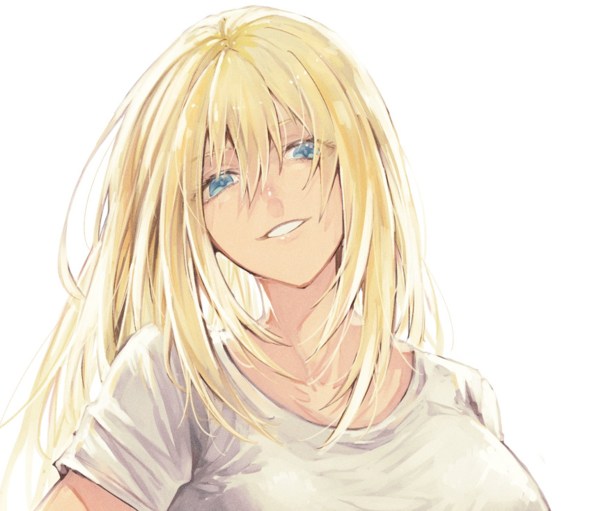 alexandra_garcia blonde_hair blue_eyes close-up collarbone eyebrows eyelashes female grin hair_between_eyes head_tilt highres kaiak425 kuroko_no_basuke long_hair looking_at_viewer mature_female no_eyewear shirt short_sleeves simple_background smile solo teeth white_background white_shirt