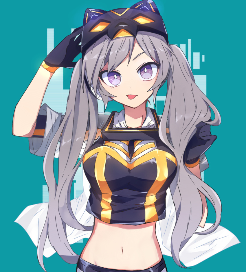 :p animal_hat black_gloves black_hat black_shorts cat_hat closed_mouth commentary crop_top cropped_shirt duel_monster female gloves green_background grey_hair hat highres i:p_masquerena long_hair looking_at_viewer midriff nanashiba_(banntlla) purple_eyes shorts solo tongue tongue_out twintails upper_body yu-gi-oh!