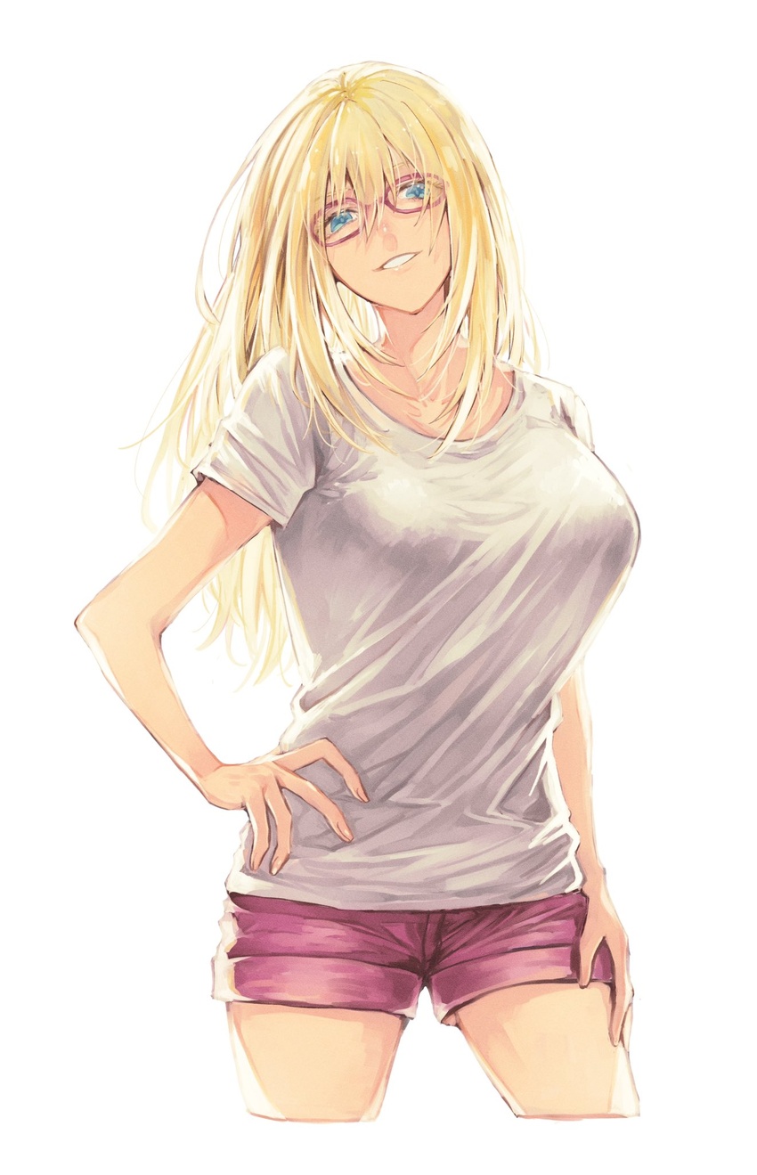 alexandra_garcia blonde_hair blue_eyes breasts collarbone cropped_legs female glasses grin hair_between_eyes hand_on_own_hip head_tilt highres kaiak425 kuroko_no_basuke large_breasts long_hair looking_at_viewer mature_female purple_shorts red-framed_eyewear shirt short_sleeves shorts simple_background smile solo teeth white_background white_shirt