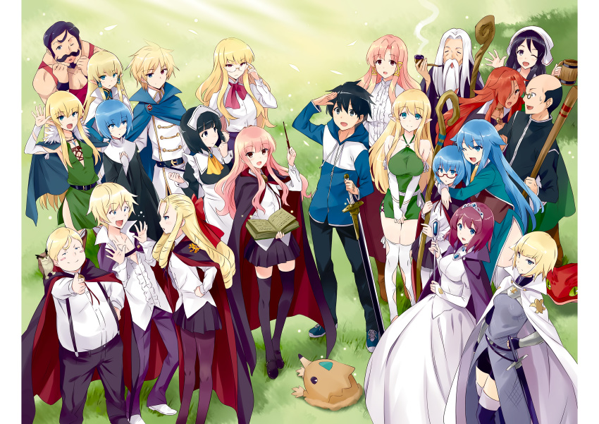 6+boys 6+girls agnes_chevalier_de_milan artbook ascot bald bird blush_stickers cattleya_yvette_la_baume_le_blanc_de_la_fontaine colbert_(zero_no_tsukaima) eleanor_albertine_le_blanc_de_la_blois_de_la_valliere everyone finger_gun fixed gimp_(medium) guiche_de_gramont henrietta_de_tristain highres hiraga_saito holding holding_sword holding_weapon jessica_(zero_no_tsukaima) kirche_augusta_frederica_von_anhalt_zerbst light_rays looking_at_viewer looking_up louise_francoise_le_blanc_de_la_valliere lukshana maid maricorne_(zero_no_tsukaima) mole_(animal) montmorency_margarita_la_fere_de_montmorency multiple_boys multiple_girls noise_reduction official_art osmond_(zero_no_tsukaima) outdoors owl princess salamander scan scarron_(zero_no_tsukaima) siesta_(zero_no_tsukaima) smoking smoking_pipe staff standing stitched sword sylpheed tabitha_(zero_no_tsukaima) thighhighs tiffania_westwood usatsuka_eiji verdandi_(zero_no_tsukaima) waifu2x weapon wizard zero_no_tsukaima zettai_ryouiki