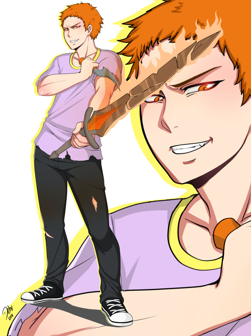 1boy absurdres action black_pants dagger dated dual_wielding fire half-closed_eyes highres holding kitsunearts knife male_focus mikael_aquino orange_eyes orange_hair pants pose purple_shirt shirt shoes smile solo standing sword t-shirt the_black_dragon torn_clothes weapon zoom_layer