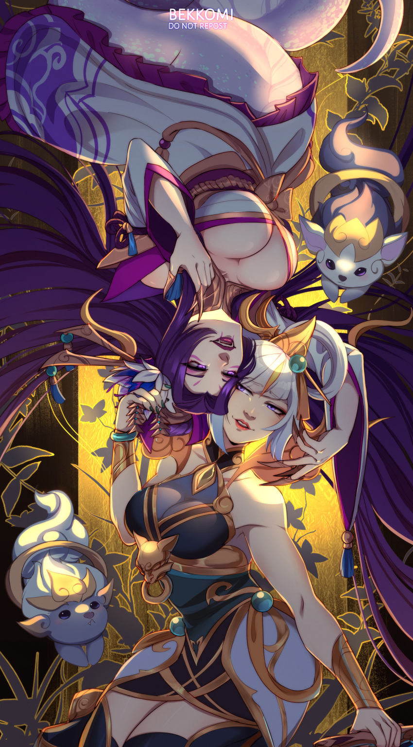 2girls absurdres artist_name bare_shoulders bekkomi blue_eyes blunt_bangs breasts cassiopeia_(league_of_legends) claw_ring cleavage dress english_commentary frilled_kimono frills hair_bun half-closed_eyes heads_together highres japanese_clothes kimono large_breasts league_of_legends little_legend long_hair lunar_empress_lux lux_(league_of_legends) medium_breasts multiple_girls parted_lips purple_hair shiny_skin short_hair single_hair_bun smile spirit_blossom_(league_of_legends) spirit_blossom_cassiopeia teeth vambraces white_hair