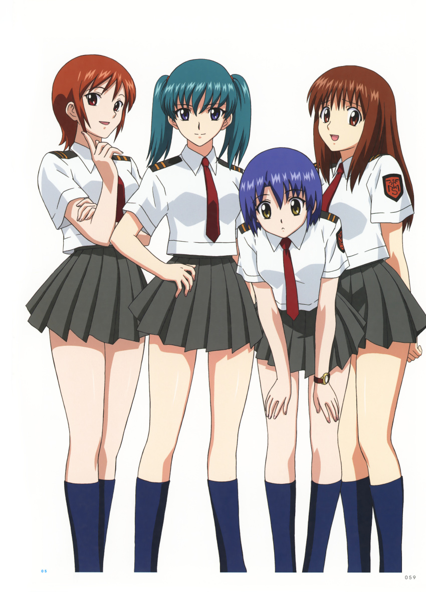 4girls absurdres aqua_hair blue_eyes blue_hair blue_socks brown_eyes brown_hair doi_shizuha hair_tie highres holding honjou_mikaze kikuhara_karin kneehighs leaning_forward light_smile long_hair looking_at_viewer multiple_girls nakamura_ayamo necktie official_art open_mouth pleated_skirt red_necktie scan school_uniform shirt short_twintails sidelocks skirt smile socks standing stratos_4 swept_bangs twintails watch yamauchi_noriyasu