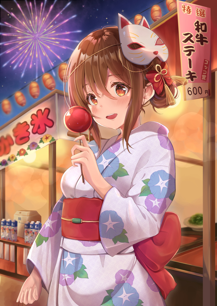 absurdres booth_seating brown_eyes brown_hair candy_apple carton cat_mask commentary_request female fireworks floral_print food hair_bun hair_ornament highres holding holding_food japanese_clothes kimono lantern mask medium_hair milk_carton miyo_sasaki nakitai_watashi_wa_neko_wo_kaburu nayuuchan night noh_mask obi open_mouth outdoors paper_lantern print_kimono sash sidelocks single_hair_bun smile solo standing summer_festival teeth upper_body upper_teeth_only yukata