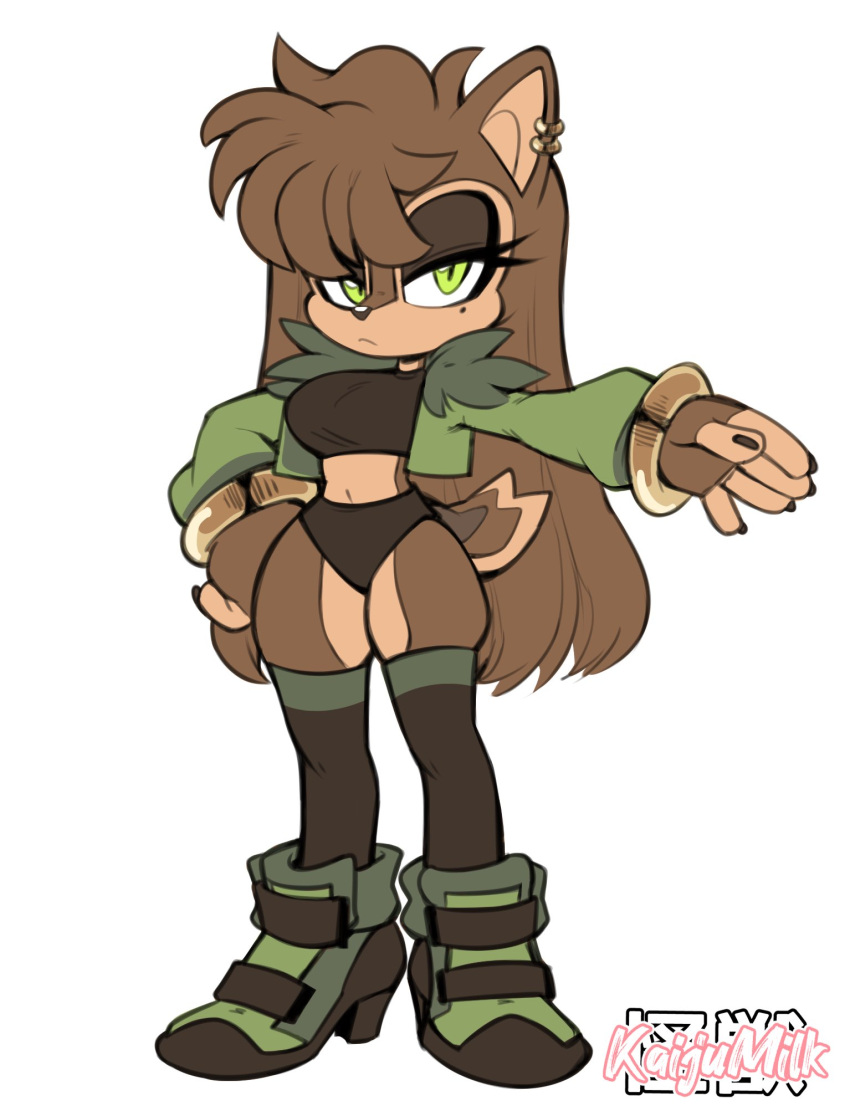 animal_ears animal_nose artist_name bad_id bad_twitter_id bangle black_thighhighs body_fur boots bracelet breasts brown_eyeshadow brown_fur brown_hair brown_shirt brown_sports_bra chipmunk_ears chipmunk_girl chipmunk_tail closed_mouth commentary crop_top cropped_jacket dark-skinned_female dark_skin earrings english_commentary female fingernails frown full_body fur-trimmed_jacket fur_trim furry furry_female gloves green_eyes green_footwear green_jacket hair_between_eyes half-closed_eyes hand_on_own_hip high_heel_boots high_heels highres jacket jewelry kaijumilk_(milkchaotea) long_fingernails long_hair long_sleeves looking_at_viewer makeup mascara midriff mole mole_under_eye navel original outstretched_arm sawyer_(milkchaotea) shirt simple_background skindentation solo sports_bra standing tail thighhighs very_long_hair watermark white_background