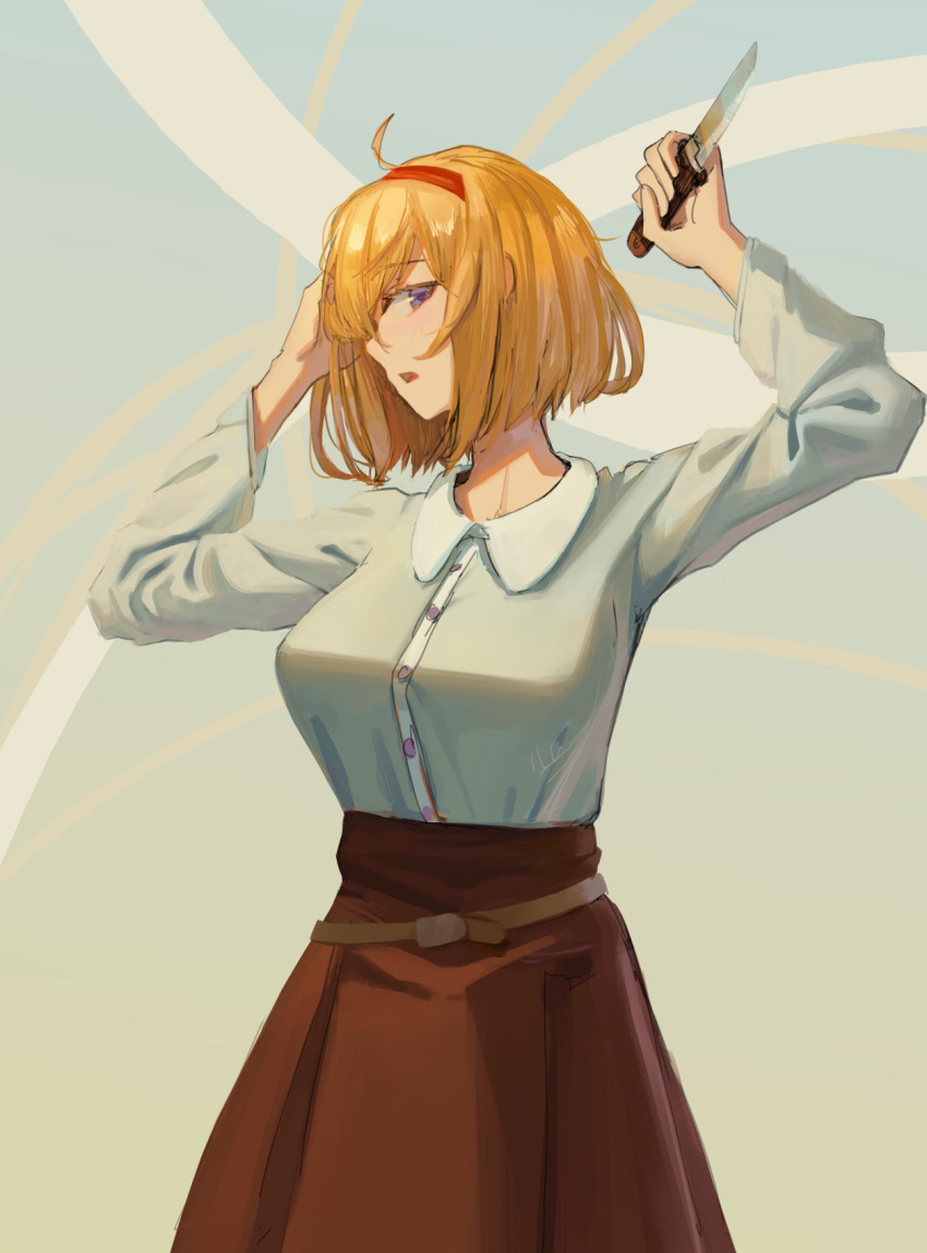 ahoge alicia_(full_dive) blonde_hair bob_cut breasts brown_skirt female grey_shirt hairband hand_up hands_up highres holding holding_knife knife kyuukyoku_shinka_shita_full_dive_rpg_ga_genjitsu_yori_mo_kusoge_dattara large_breasts long_skirt long_sleeves looking_at_viewer noccu open_mouth parted_lips purple_eyes reverse_grip shirt sideways_glance skirt solo