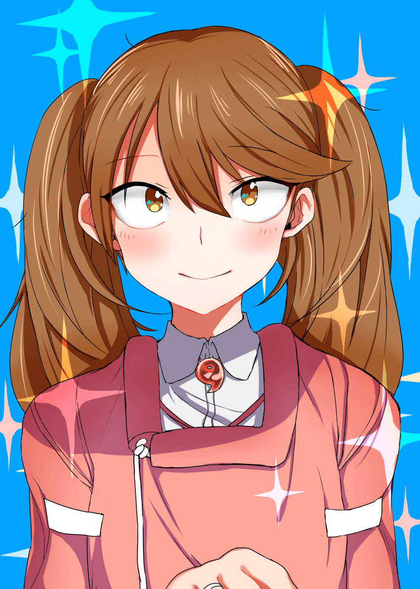 absurdres blue_background blush brown_eyes brown_hair female gomio_(bb-k) hair_between_eyes highres japanese_clothes jewelry kantai_collection kariginu long_hair looking_at_viewer magatama ring ryuujou_(kancolle) sanpaku simple_background smile solo sparkle twintails upper_body wedding_ring