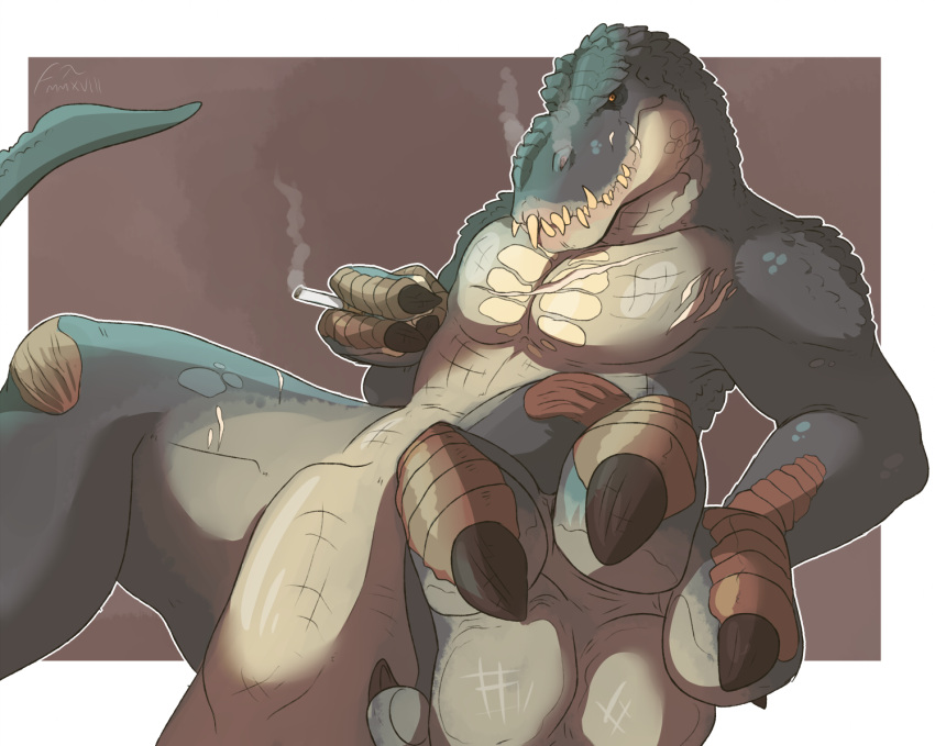 anthro black_claws border brown_background cigarette claws dinosaur extinct featureless_crotch green_body green_scales green_tail holding_cigarette holding_object imperatorcaesar looking_at_viewer male mouth_closed prehistoric_species reptile roark_(imperatorcaesar) scales scalie sharp_teeth signature simple_background smoking solo spread_legs spreading tail tan_body tan_scales tan_teeth teeth theropod tyrannosaurid tyrannosauroid tyrannosaurus tyrannosaurus_rex vastatosaurus_rex white_border