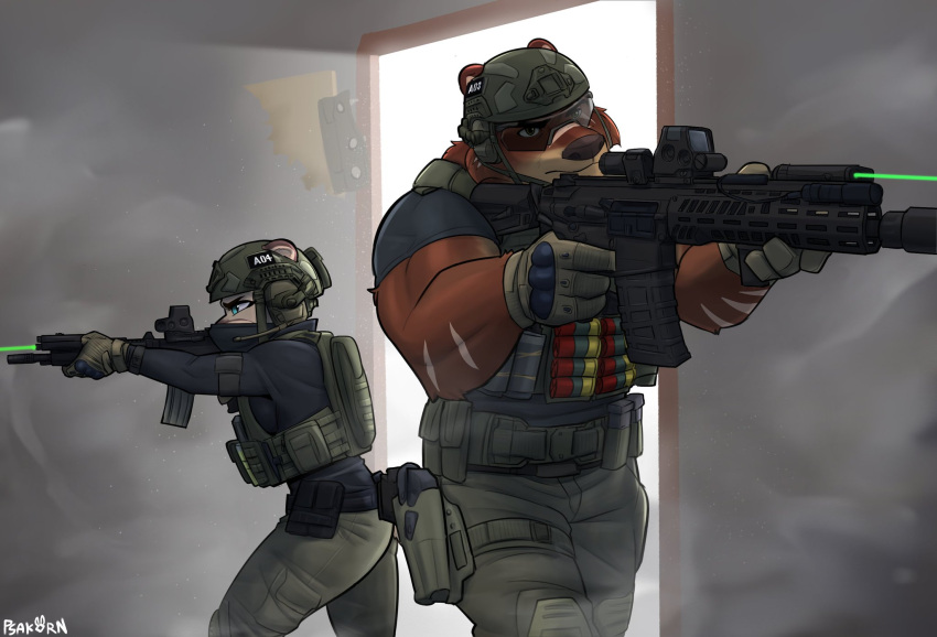 2023 4_fingers aiming anthro armor assault_rifle automatic_rifle battle bear belt biped black_clothing black_eyebrows black_gloves black_handwear black_nose black_shirt black_topwear bottomwear brown_bear brown_ears bulletproof_vest clothing cougar countershade_face countershading digital_media_(artwork) disney duo electronics eyebrows eyelashes eyewear face_mask felid feline female fingers flash_hider fur furgonomic_headwear furgonomics glasses gloves green_bottomwear green_clothing green_eyes green_helmet green_pants grizzly_bear gun gus_(grizzlygus) handgun handwear headgear headphones headset helmet hi_res holding_gun holding_object holding_ranged_weapon holding_rifle holding_weapon holster inside knee_pads kodiak_bear laser law_enforcement long_sleeve_shirt magazine_(gun) male mammal mouth_closed multicolored_clothing multicolored_gloves multicolored_handwear muscular muscular_anthro muscular_male operator pants partners pistol pistol_holster police polymer_grip portrait psakorn_tnoi ranged_weapon red_dot_sight rifle shaded shell_(projectile) shirt short_sleeved_shirt shotgun_shell side_view signature size_difference smoke standing stripes stripes_fur swat tactical_device tactical_gear tactical_gloves tan_body tan_clothing tan_fur tan_gloves tan_handwear tan_inner_ear three-quarter_portrait three-quarter_view topwear two_tone_clothing two_tone_gloves two_tone_handwear ursine utility_belt valerie_(grizzlygus) weapon weapon_attachment zootopia