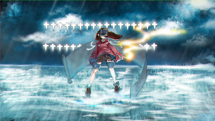 brown_hair brown_skirt closed_mouth cloud cloudy_sky commentary_request female gomio_(bb-k) hat japanese_clothes kantai_collection kariginu long_sleeves looking_at_viewer onmyouji outdoors pleated_skirt rigging ryuujou_(kancolle) scroll shikigami skirt sky standing twintails visor_cap water wide_sleeves