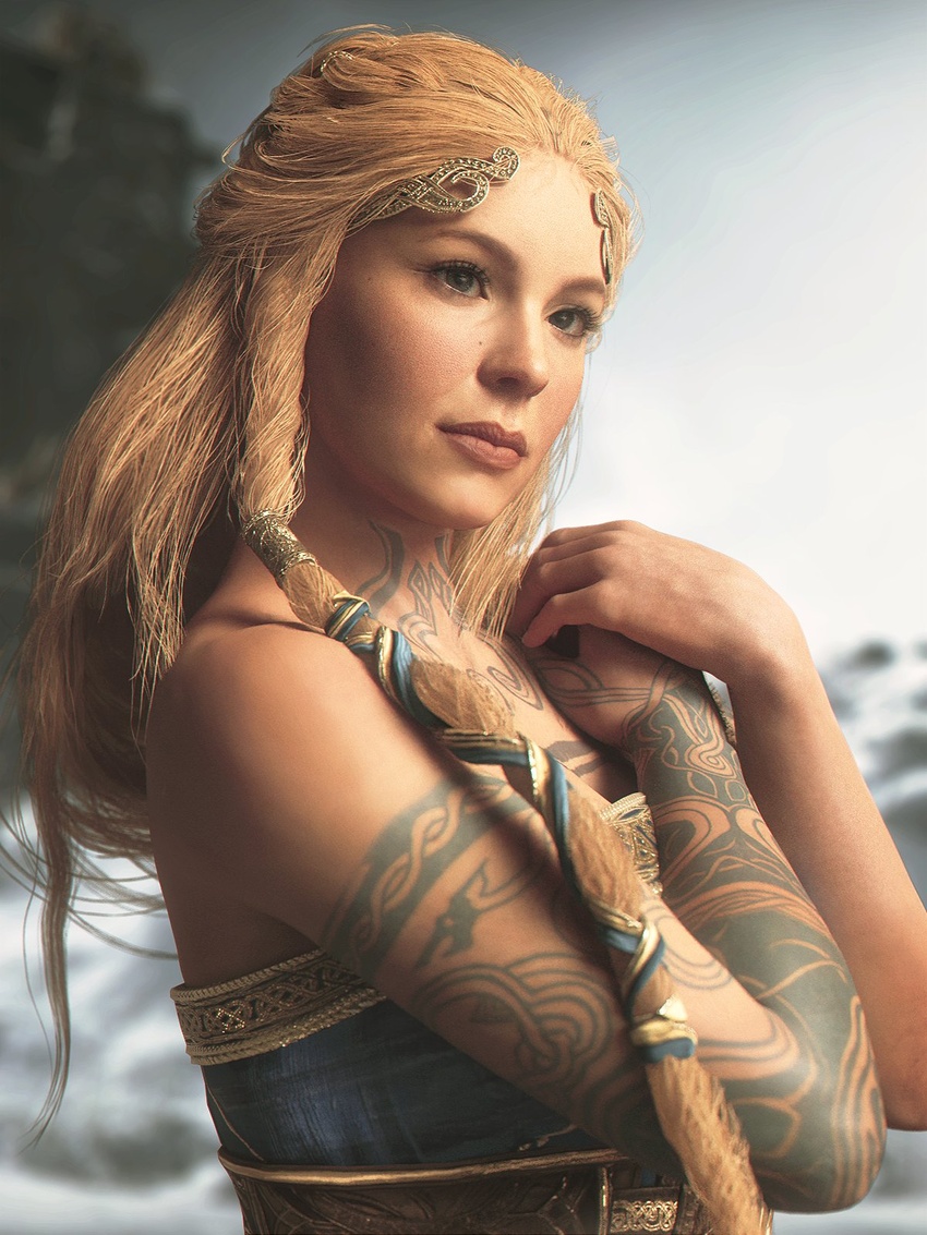 1girls 3d 3d_(artwork) aesir_(norse_mythology) blonde_hair blue_eyes braid braided_hair female female_only fully_clothed god_of_war god_of_war_ragnarok goddess long_hair milf mother mythology norse_mythology santa_monica_studio sif_(god_of_war) solo sony_corporation sony_interactive_entertainment tattoo tattooed_arm tattoos word2