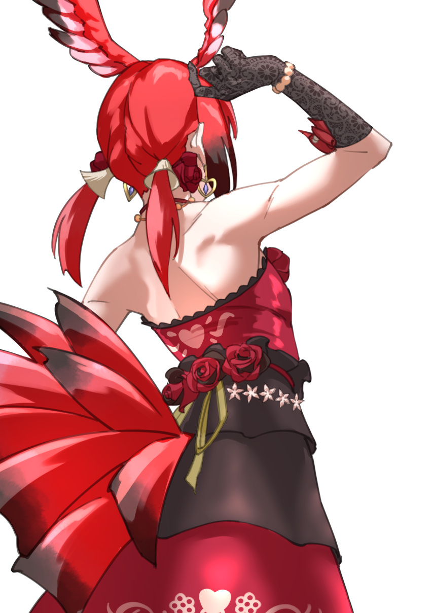 absurdres bare_shoulders bird_tail brown_hair commentary dress earrings elbow_gloves facing_away female flower from_behind gloves gradient_hair hair_flower hair_ornament head_wings heart heart_earrings highres jewelry kemono_friends long_hair low_twintails multicolored_hair red_hair scarlet_ibis_(kemono_friends) shoulder_blades simple_background solo strapless strapless_dress tail tanabe_(fueisei) twintails white_background wings