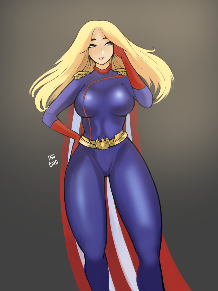 belt blonde_hair blue_eyes bodysuit breasts cape female genderswap_(mtf) highres homelander inugami20 large_breasts long_hair md5_mismatch rule_63 solo superhero_costume the_boys thighs