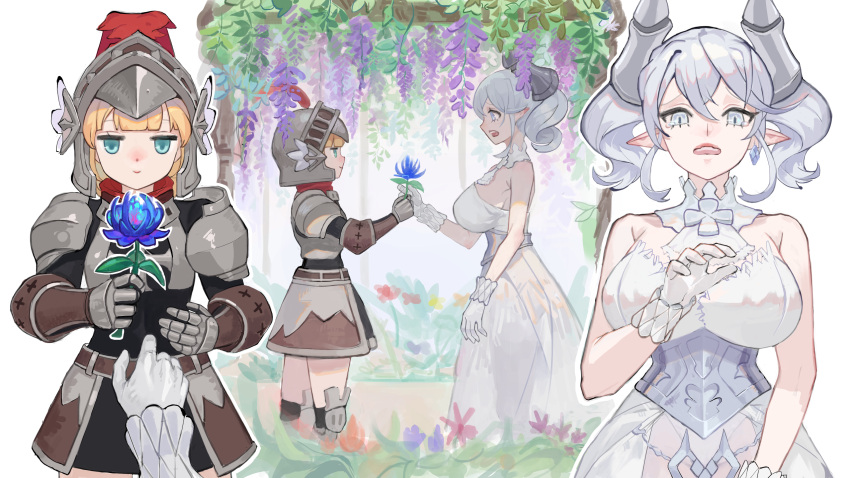 2girls armor blonde_hair breasts cleavage couple demon_girl demon_horns doublej118 dress duel_monster female_pov flower garden giving gloves grey_eyes grey_hair helmet highres holding horns knight knight_(yu-gi-oh!) large_breasts lovely_labrynth_of_the_silver_castle multiple_girls multiple_views no_wings open_mouth plume pointy_ears pov pov_hands thighhighs twintails white_hair yu-gi-oh! yuri