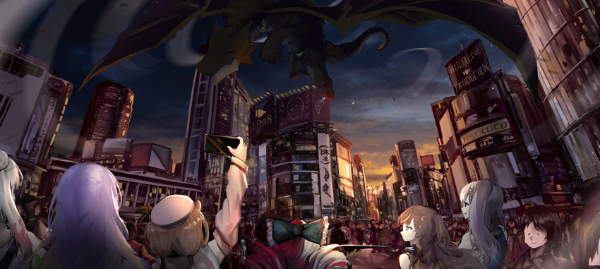 6+girls absurdres airani_iofifteen animal_ears anya_melfissa area_15 ayunda_risu beret black_bow bow cellphone city crowd double_bun dragon flying grey_bow hair_bun hairbow hat highres holding holding_phone hololive hololive_indonesia holoro hood hoodie kiryu_coco kiryu_coco_(dragon) kureiji_ollie kureiji_ollie_(1st_costume) moona_hoshinova multicolored_hair multiple_girls night paint_in_hair pavolia_reine phone pink_headwear pink_hoodie purple_eyes purple_hair red_hair ryoushi_chicken_soup_grass_big_chungus side_ponytail single_hair_bun smartphone smile squirrel_ears squirrel_girl sunset two-tone_hair two_side_up virtual_youtuber vyragami