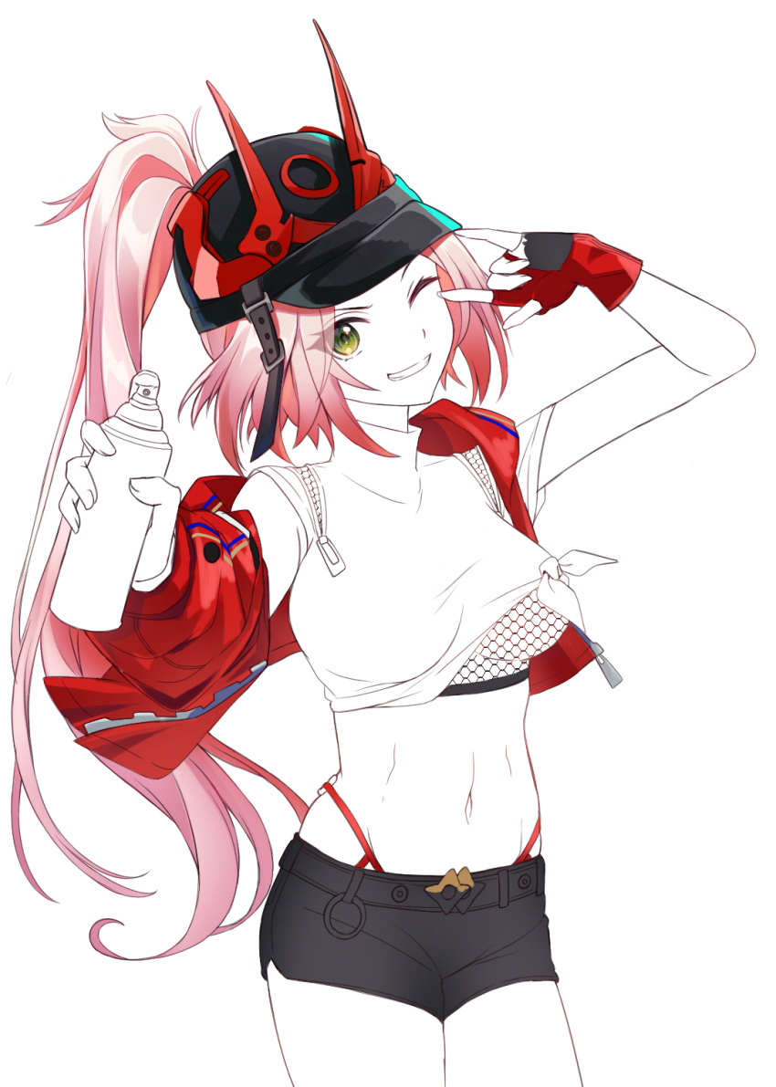 aqua_eyes baseball_cap black_shorts blonde_hair cowboy_shot crop_top fake_horns female hat highres holding honkai:_star_rail honkai_(series) horned_headwear horns limited_palette long_hair midriff navel ponytail rappa_(honkai:_star_rail) revision saint_laurent_paris short_shorts shorts solo spray_can standing stomach unfinished very_long_hair