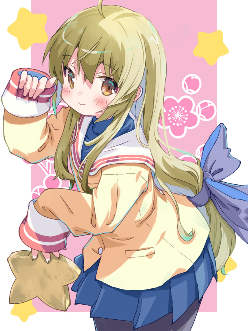 ahoge akayama_yukihe alternate_hair_color black_pantyhose blonde_hair blue_skirt brown_eyes cherry_blossoms clannad cowboy_shot female highres ibuki_fuuko jacket long_hair low-tied_long_hair pantyhose pleated_skirt sailor_collar skirt sleeves_past_wrists solo star_(symbol) starfish white_sailor_collar yellow_jacket