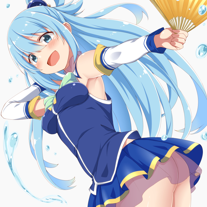 :d aqua_(konosuba) ass bare_shoulders blue_eyes blue_hair blue_shirt blue_skirt blush breasts bright_pupils commentary_request cowboy_shot detached_sleeves dou-t dutch_angle female floating_hair folding_fan hair_between_eyes hair_bobbles hair_ornament half_updo hand_fan happy highres holding holding_fan impossible_clothes kono_subarashii_sekai_ni_shukufuku_wo! leaning_forward long_hair long_sleeves looking_at_viewer medium_breasts miniskirt no_panties open_mouth outstretched_arm pleated_skirt shirt short_ponytail sidelocks simple_background skirt sleeveless sleeveless_shirt smile solo straight_hair very_long_hair water_drop white_background