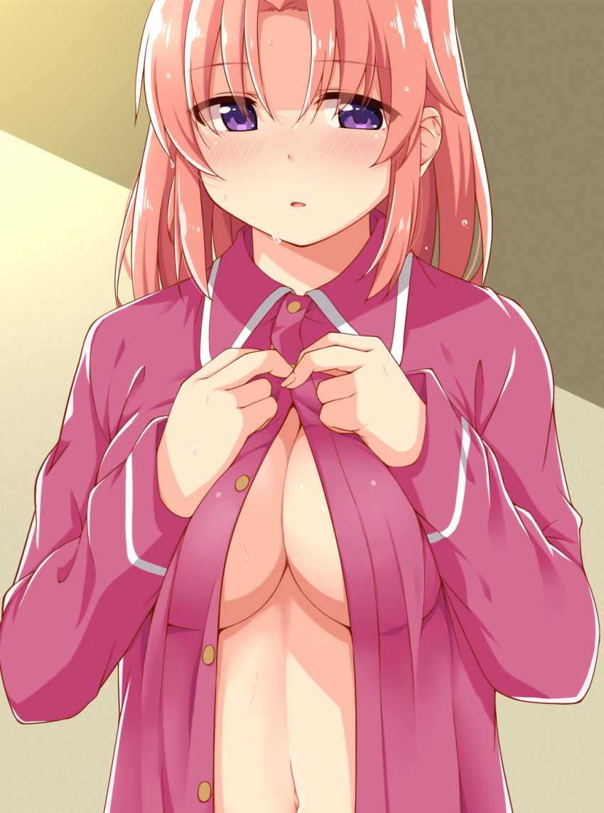 blush breasts buttons cleavage collared_pajamas commentary_request dou-t dressing eyes_visible_through_hair female frown hair_down hands_up highres large_breasts long_sleeves looking_down medium_hair mikakunin_de_shinkoukei no_bra open_mouth open_pajamas pajamas parted_bangs partially_unbuttoned pink_hair purple_eyes purple_pajamas simple_background solo straight_hair sweat upper_body wet wet_hair yellow_background yonomori_kobeni