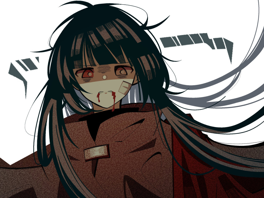 961_kku bandaid bandaid_on_cheek bandaid_on_face black_coat black_hair blood blood_from_mouth bob_cut bruise bruise_on_face coat heterochromia highres injury long_hair looking_at_viewer original red_eyes yellow_eyes