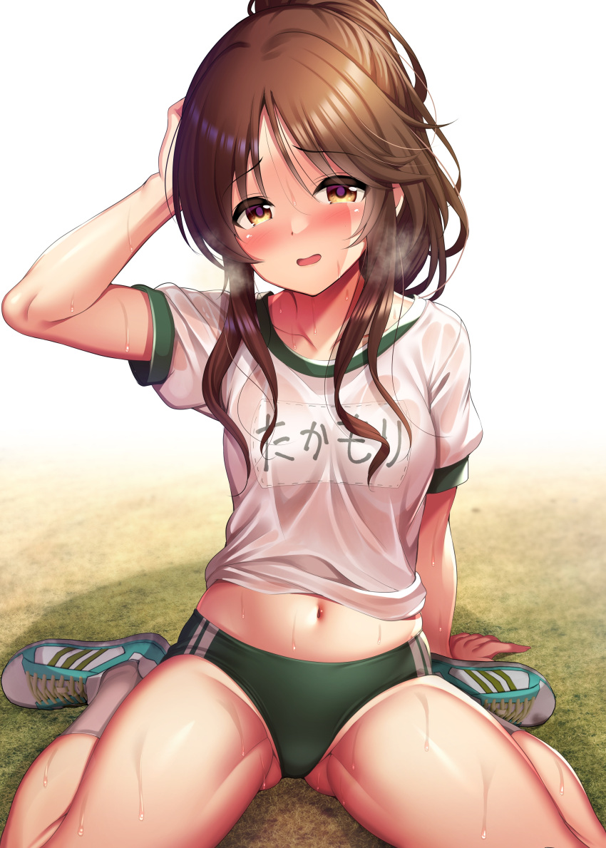 absurdres breasts brown_eyes brown_hair buruma clothes_lift commentary_request female grass green_buruma gym_uniform heavy_breathing highres idolmaster idolmaster_cinderella_girls long_hair looking_at_viewer ment name_tag navel open_mouth ponytail shirt_lift shoes sidelocks sitting small_breasts smile sneakers solo sweat takamori_aiko textless_version